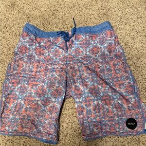 RVCA Men's Blue and Coral Hybrid Shorts